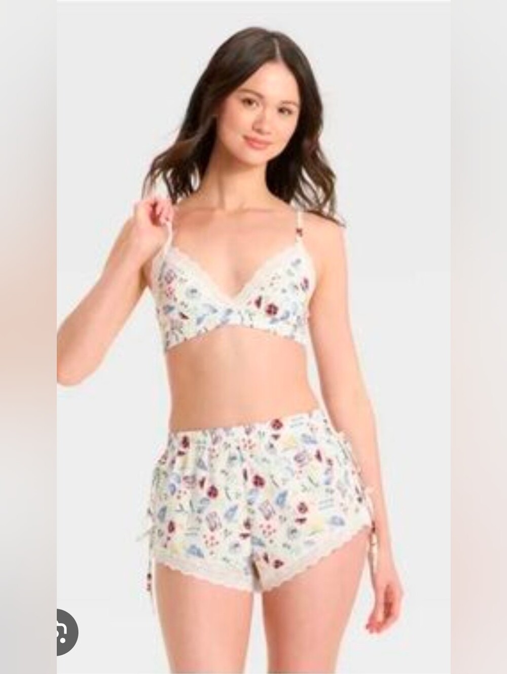 Woven Fruit & Sardine Print Side Tie Shorty Shorts  Lace Loungwear Size XS
